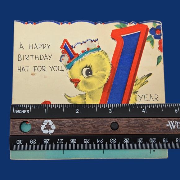 1942 Pop Up 1 year-old Birthday Hat Chick Duck Vintage Rust Craft Die-Cut Card - Picture 10 of 11
